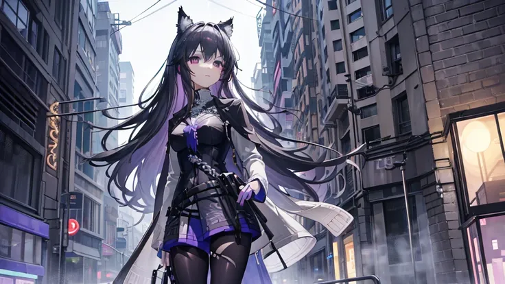 An elegantly posed anime women, with brown long hair adorned with purple highlights. She wears a small top, over-ear headphones and a hoody, and exudes a sense of cool confidence. She walks down a street in a cyberpunk stile like City at night with wet str...