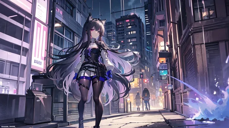 An elegantly posed anime women, with brown long hair adorned with purple highlights. She wears a small top, over-ear headphones and a hoody, and exudes a sense of cool confidence. She walks down a street in a cyberpunk stile like City at night with wet str...