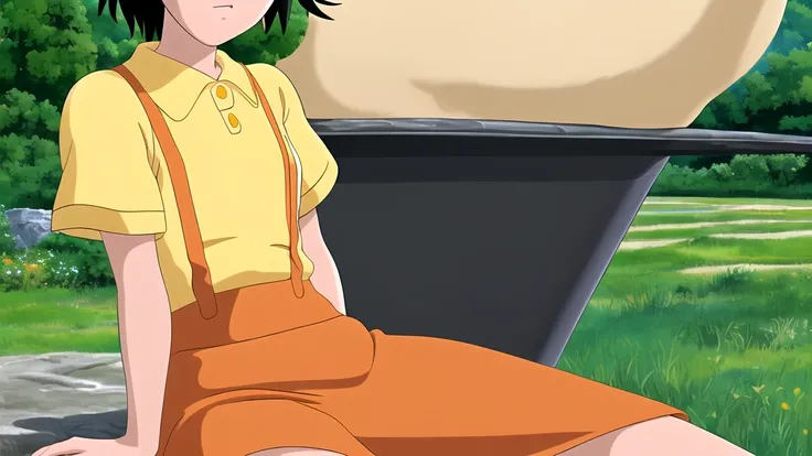 (Supremely realistic) Outdoor,  satsuki,One girl, Black Hair, short hair, black eye,  Yellow Shirt,Short sleeve, suspenders, Orange Skirt, Ghibli style,　sit,　Spread your legs, Crotch close-up, underwear, Translucent slip, Flip up the skirt