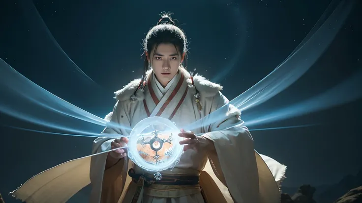 (masterpiece), (Best quality), Cinema quality，Rendered by Octane，extreme detailed details，1 boy,Cool action，Wearing Chinese Hanfu，(Ancient China Formation:1.2),Energy surrounds，Light particle fluid，Fairy air，Luminous magic circle，Summon Ancient Beast，（Ther...