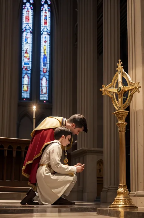 A young man on his knees in a cathedral praying with the rosary in his hands and with the Blessed Sacrament exposed in a monstrance