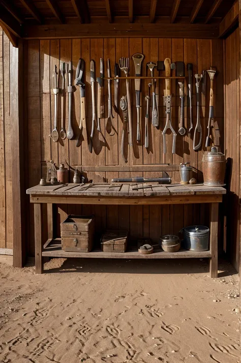 Old West, desert, high quality, panoramic, toolshed full of tools, shadows, American old west, saddle