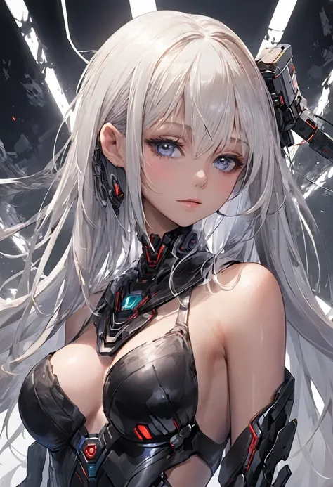 masterpiece, best quality, 1girl, white hair, adult, fully mature, surronding by cable and wire , broken parts , apocalypse . girl half android , anime