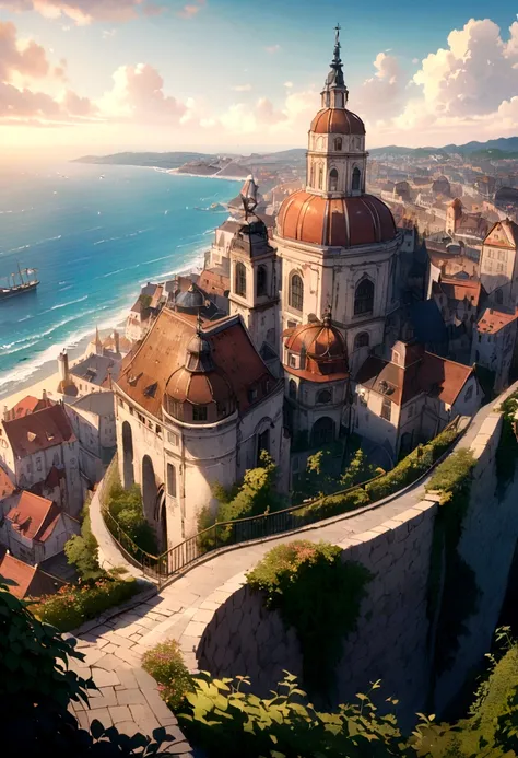 Tri-color cavalier　European-style cityscape　Slope overlooking the sea