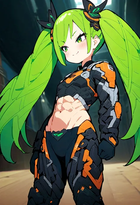 muscle質な女の子、Six Pack Abs、Highest quality、masterpiece、alone、blush、slender、Long twin tails、Emerald green hair、smile、Black gloves、Black bodysuit、muscle質、muscle、Vibrant Hair