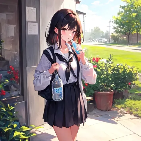 A girl on her way to school in the morning,July Morning,Light cloudiness,Holding a plastic bottle of drink in one hand