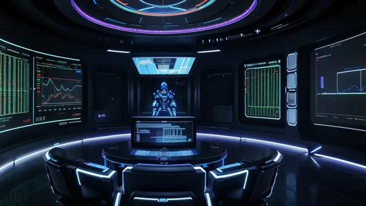 A sleek, futuristic robot stands in the center of a modern room. This robot is equipped with various advanced sensors and cameras on its body. In front of it, a large holographic screen displays colorful and dynamic stock market charts and data. The rooms ...