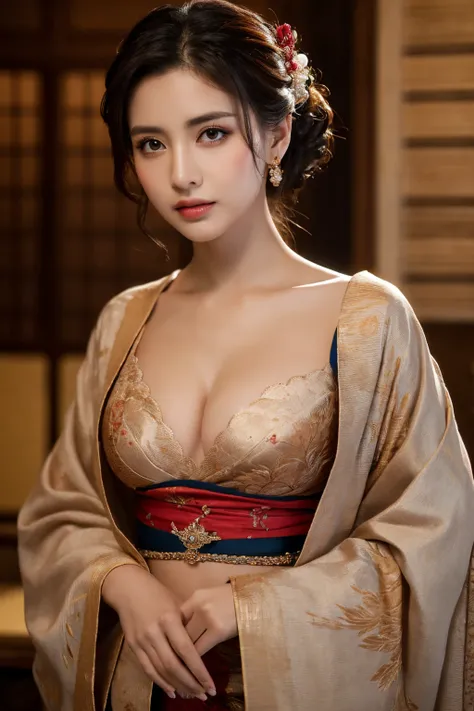 1 beautiful woman, extremely large breasts,, gazing at viewer, determination, resolve, (best quality,4k,8k,highres,masterpiece:1.2),ultra-detailed,(realistic,photorealistic,photo-realistic:1.37),intricate details, high quality, cinematic, dramatic lighting...