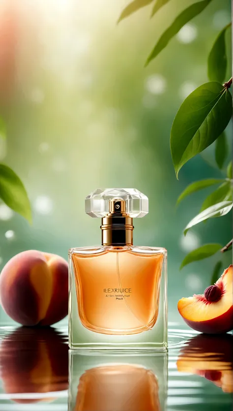 perfume with peach, stylish perfume, women&#39;s perfume, perfume stands on the water, stylish perfume, soft aura, blurred background, light