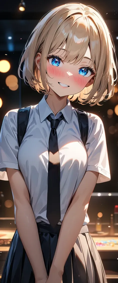 (((One girl))), blond hair, bob cut, (cowboy shot), (looking at viewer), face in focus, breasts, teenager, head tilt:1.3, (((blue eye))), ((happy smile)), ((full face blush)), school summer uniform, white shirts, black tie, black skirt, cleavage, anime sty...