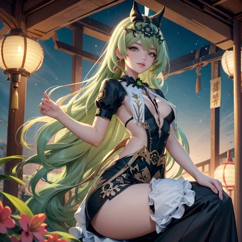 Mobius_(honkai impact 3d), ornament hair, perfectly body, perfectly hands, wave hair, light green hair, long hair, maid, maid dress, maid headdress, maid apron, garden, temple, shrine, outside, Chinese festival scenery, gold lantern, Chinese lantern, firew...