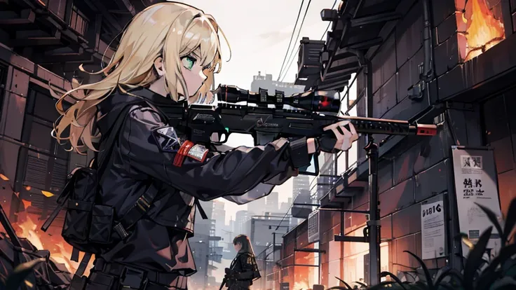 1 Girl, alone, {{masterpiece, Highest quality, Highly detailed CG, unity 8k wallpaper, cinematic ligHting, Lens flare}}, a girl sHooting a rifle, A broad perspective, whole body, tHick body, long blond Hair, Green Eyes, (Holding weapon, Holding rifle, Targ...