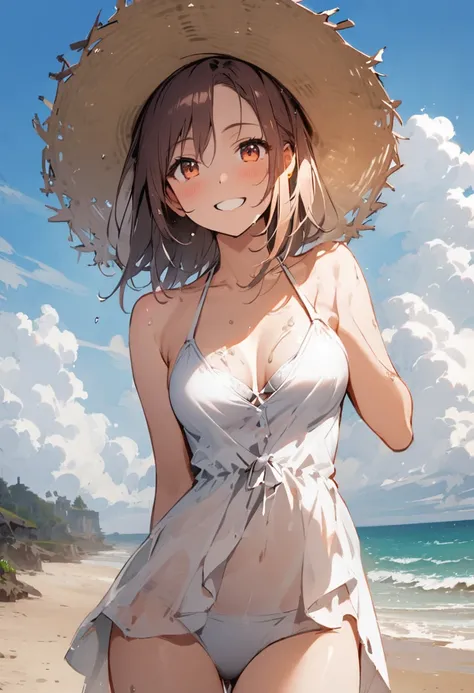 head shot、tideland、Covered in mud、White Bikini Swimsuit、Thighs、Butt、Dynamic Angle、Seaside、Sandy Beach、Baby Face、smile、sunlight、Both eyes open、Sun hat
