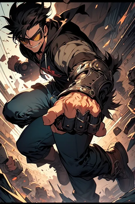 ((illustration)), (best quality)), ((masterpiece)), (detailed), ((front view)) comic cover, teenage, boy, dark hair, brown eyes, muscular, black shirt, hoodie, jeans, combat boots, sunglass, smirking, omnitrix, solo, right gauntlet,