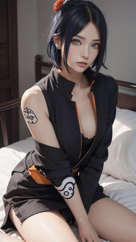 woman, woman, short hair, hair ornament, blue hair, legs , sitting on the bed , small, panties, bra, Sexual тело , underwear, Sexual , bra, panties, one flower, hair цветок, (orange eyes:1.2), (labret piercing:1.2), eyeshadow, (Akatsuki uniform:1.5), Akats...