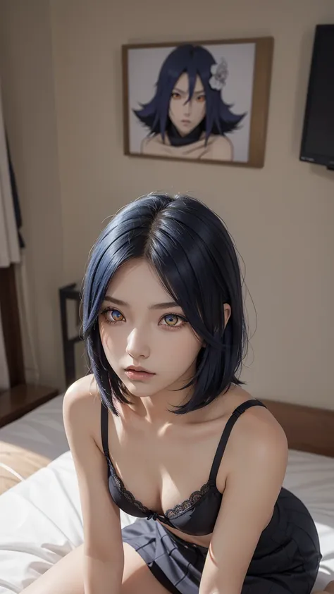 woman, woman, short hair, hair ornament, blue hair, legs , sitting on the bed , small, panties, bra, Sexual тело , underwear, Sexual , bra, panties, one flower, hair цветок, (orange eyes:1.2), (labret piercing:1.2), eyeshadow, (Akatsuki uniform:1.5), Akats...