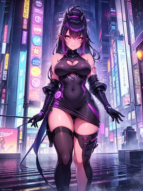 (best quality,4k,highres,masterpiece:1.2),ultra-detailed,realistic,cyberpunk cityscape,glimmering neon lights,chica elfo with vibrant purple hair,cybernetic eye enhancements,tattoos on her arms, intricate and ornate cyberpunk fashion style,close-up shot,ex...