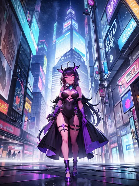 (best quality,4k,highres,masterpiece:1.2),ultra-detailed,realistic,cyberpunk cityscape,glimmering neon lights,chica elfo with vibrant purple hair,cybernetic eye enhancements,tattoos on her arms, intricate and ornate cyberpunk fashion style,close-up shot,ex...