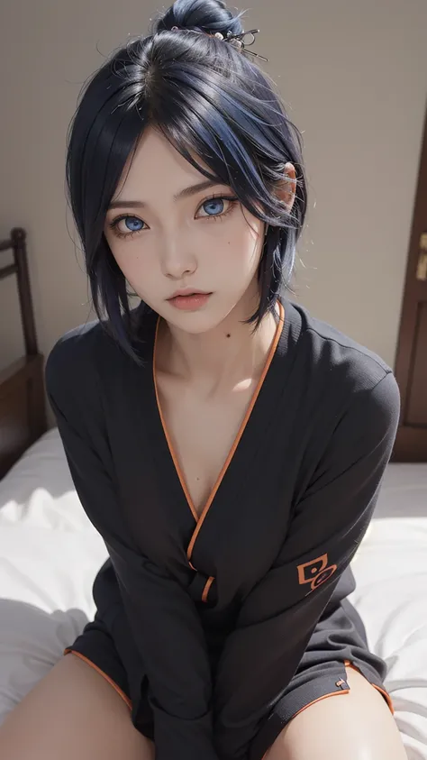 woman, woman, short hair, hair ornament, blue hair, legs , sitting on the bed , small, panties, bra, Sexual тело , underwear, Sexual , bra, panties, one flower, hair цветок, (orange eyes:1.2), (labret piercing:1.2), eyeshadow, (Akatsuki uniform:1.5), Akats...