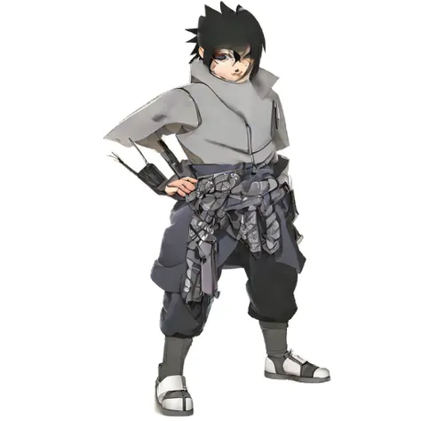 Generate a baby-style chibi character of Sasuke Uchiha from Naruto Shippuden. The character should have an adorable, small stature with a serious expression, big eyes, and a small, cute body like in the first image. Sasuke should be standing in a confident...