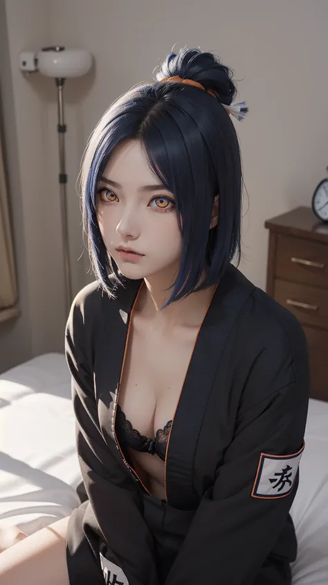 woman, woman, short hair, hair ornament, blue hair, legs , sitting on the bed , small, panties, bra, Sexual тело , underwear, Sexual , bra, panties, one flower, hair цветок, (orange eyes:1.2), (labret piercing:1.2), eyeshadow, (Akatsuki uniform:1.5), Akats...