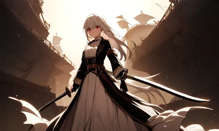 A girl with red eyes and very long white hair, holding a pair of katanas, was about to slash a skeletal pirate. The background is a sea and a pirate ship in the distance.