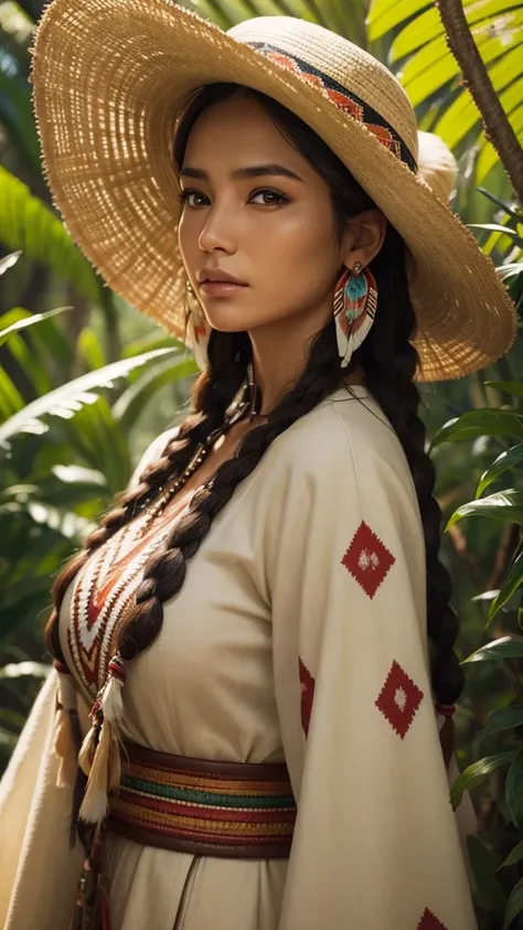 Very beautiful native american woman, traditional cloths, Sharp focus, hyper realistic, evening sunshine, jungle, close-up,