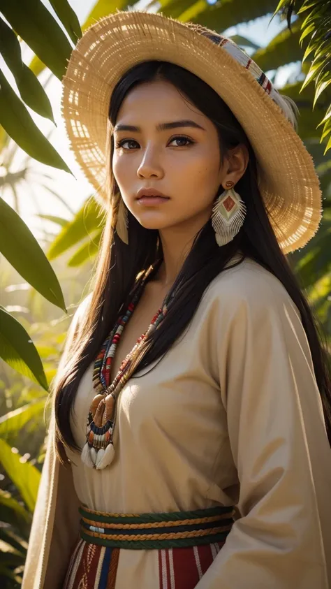 Very beautiful native american woman, traditional cloths, Sharp focus, hyper realistic, evening sunshine, jungle, close-up,