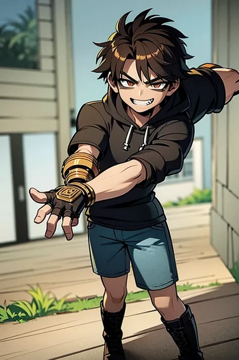 ((illustration)), (best quality)), ((masterpiece)), (detailed), ((road)) comic cover, teenage, boy, dark hair, brown eyes, muscular, black shirt, hoodie, jeans, combat boots, sunglass, smirking, solo, gauntlet, day,