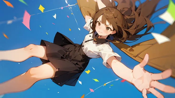 ((Highest quality)), ((masterpiece)), ((Very detailed)),Floatingする女の子,Angry expression，floating，Floating，Confetti，Brown Hair,tears,Levitating,Blue sky background,Feet in the air,tears,gravity,Long skirt,loafers,Raise both hands