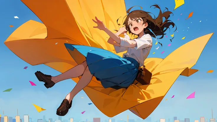 ((Highest quality)), ((masterpiece)), ((Very detailed)),Floatingする女の子,Angry expression，floating，Floating，Confetti，Brown Hair,tears,Levitating,Blue sky background,Feet in the air,tears,gravity,Long skirt,loafers,Raise both hands