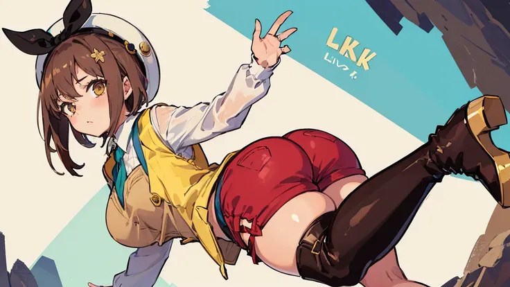 (Highest quality, 8K, masterpiece :1.3),Lizaリン・シュタウト(Lizaのアトリエ),Liza,Plump, One woman,Large Breasts,short hair,Brown Hair,hair band,Clothing,hat,White shirt,Yellow and white vest,Red shorts,Brown long boots,Big Ass,