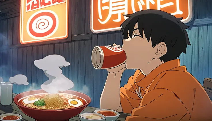 Anime screencap, anime screenshot, Naruto slurps noodles into his mouth, broth dripping down his chin as he savors the flavor.He sits at a small table outside a run-down ramen shack, steam rising from the steaming bowl. The neon sign above flickers, readin...