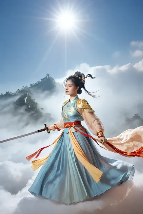 Chinese style illustration, Chinese clothing, Hanfu,Female hero wielding two swords, surrounded by clouds and fog. She stepped on the auspicious cloud、Riding on the clouds., There is a strong light shining behind her, ,Chinese clothing, Hanfu, detailed , w...