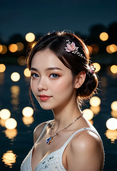 Superb Quality, Masterpiece, High Resolution, 1Girl, Blush, (Seductive Smile: 0.8), Star Pupil, Chinese Hanfu Lilac, Hair Accessories, Necklace, Jewelry, Beauty, on_body, Tyndall Effect, Realism, Lotus Pond, Light Edge, Two-tone Lighting, (High Detail Skin...