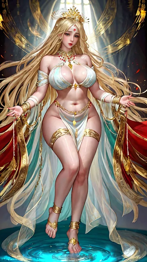 Full body picture，Exquisite, beautiful and charming face，Flowing blond hair，Gold anklet，The white gauze is wrapped around the plump and graceful body，The white and red skin is faintly visible，Tight and plump thighs pressed together，A pair of gold chains in...