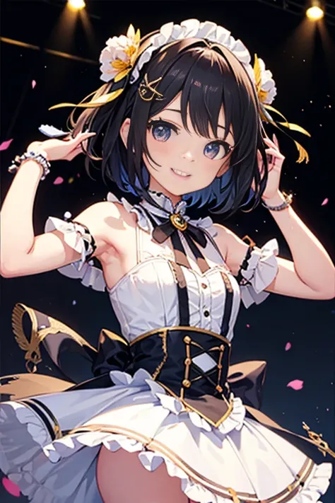 Black Hair、Iris、short hair、Girl、cute、16 years old、Colorful frilly idol costumes、Background is the stage、smile、、Small breasts、Small hair ornament、whole body