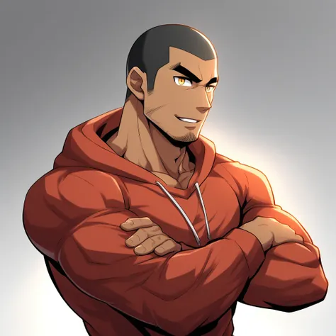 anime characters：Gyee, Young Muscle Sports Teacher, negro black skin, Buzz Cut, Manliness, male focus, Dark red long-sleeved hooded sweatshirt, Very tight, muscular male, muscular, only, Upper body, alone, Black short hair, Thick eyebrows, stubble, Yellow ...