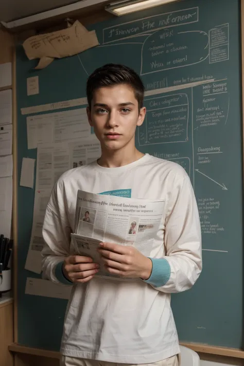 A beautiful young man, a cute male twink, with black hair and a face with reddish make-up. He wears a bright white long-sleeved shirt and aqua blue pants. He is in his office, and behind him is a blackboard on which is written the shape of the brain and it...