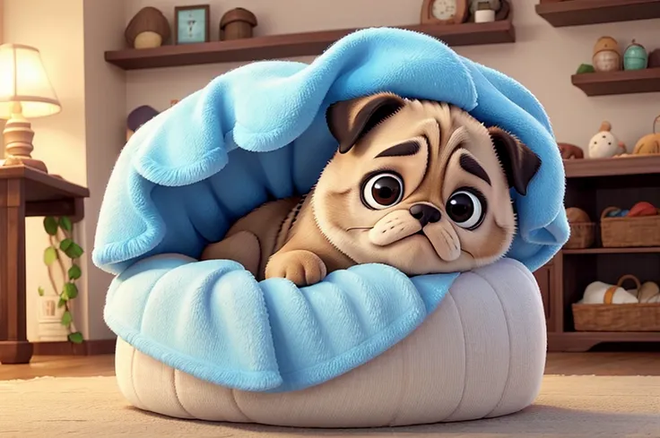 Nap time: Pug wrapped in a fluffy blanket、A scene of a happy nap。With a soft snore、The sight of him curled up with a relieved expression is adorable.。