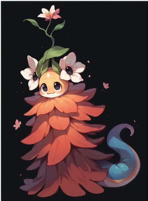 Cute amphibious monster, small eyes, full black eyes, flower dress