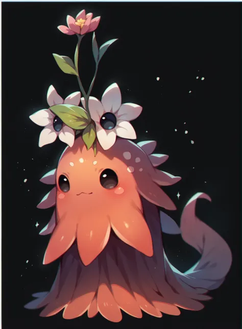 Cute amphibious monster, small eyes, full black eyes, flower dress