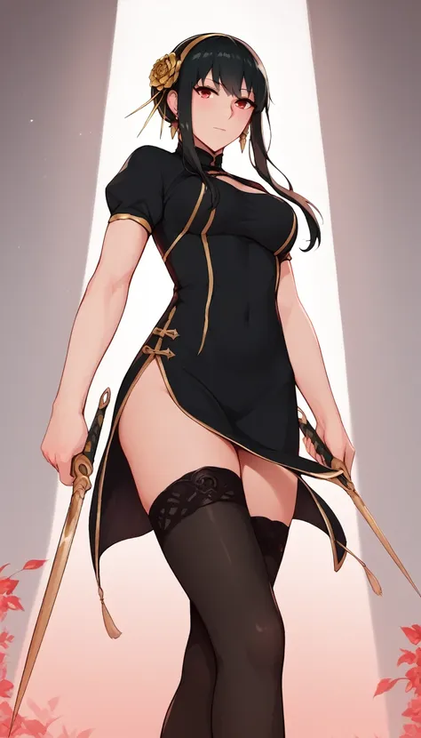 XUER Yor Forger,1girl,yor briar,solo,dual wielding,red eyes,holding,dress,thighhighs,black hair,jewelry,black dress,earrings,black thighhighs,from below,floral print,hairband,gold hairband,two-sided dress,breasts,holding weapon,sidelocks,hair ornament,long...