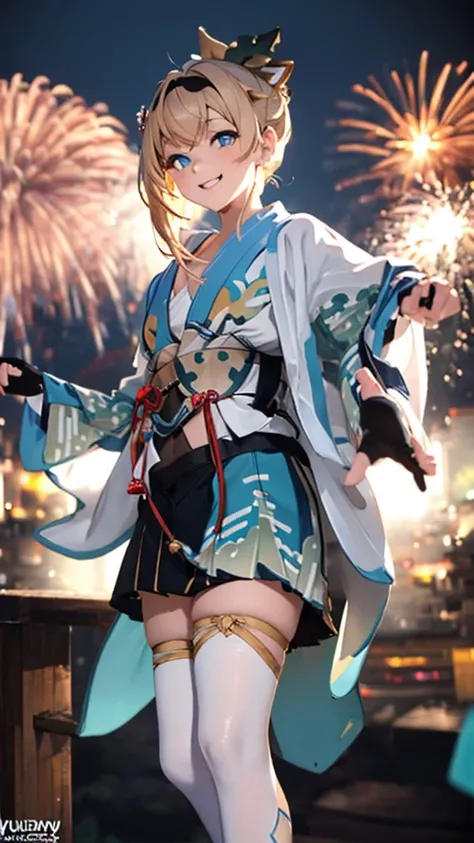 (masterpiece, Highest quality, Super detailed),One girl,((super fine illustration)),((cute eyes,highly detailed skin)),((smile)),(well endowed,Blessed,Captivating body、Detailed Background)、(yukata:1.5),firework,(大量のfirework,Night view,Ocean)、Festivals、1gir...