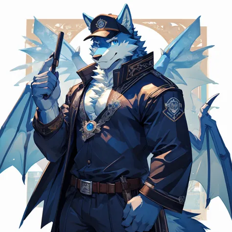 Masterpiece, Solo, Furry Light Blue Wolf, Light Blue Fur,Dark Blue Eyes, Dragon Wings, huge body, Muscular Body, Cool Pose, Charming, Handsome, Good Looking, cap, holding cat ,