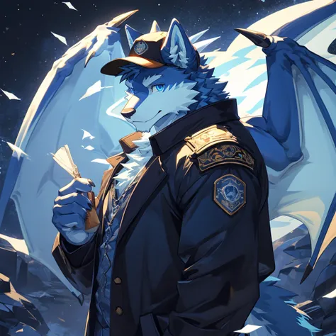 Masterpiece, Solo, Furry Light Blue Wolf, Light Blue Fur,Dark Blue Eyes, Dragon Wings, huge body, Muscular Body, Cool Pose, Charming, Handsome, Good Looking, cap, holding cat ,