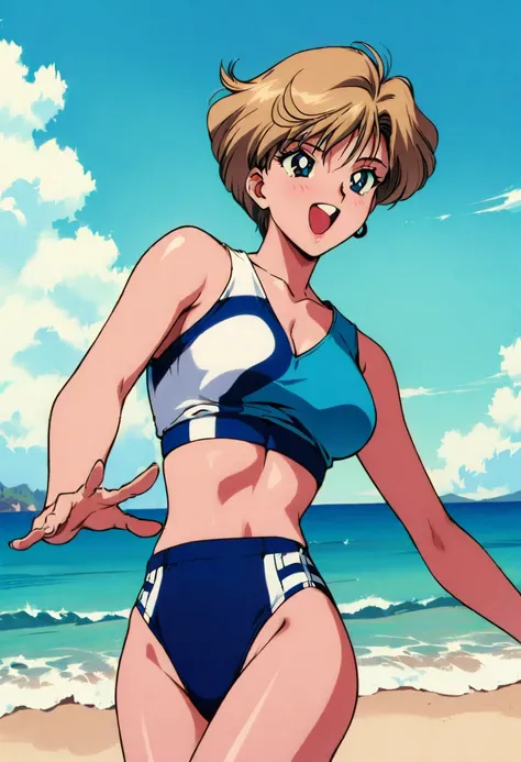 masterpiece,best quality,very aesthetic,absurdres,1990s (style),1girl,solo,Sailor Uranus XL,blue swimsuit,blue eyes,short hair,very short hair,1earrings,blonde hair, happy,sky,wind,cowboy shot, beach,