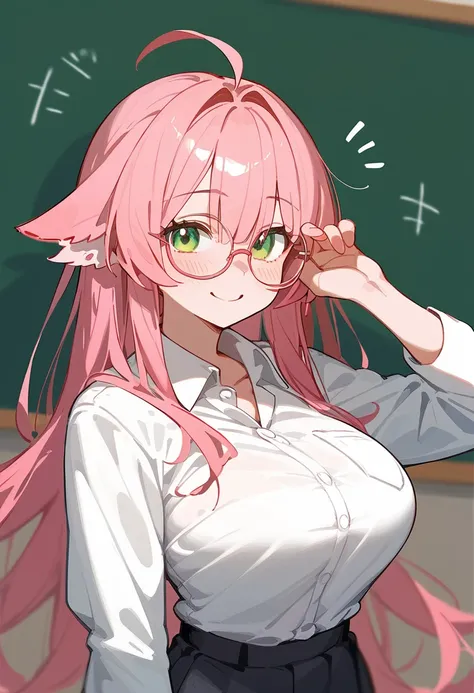 One Woman、private teacher、Big Breasts、Pink Hair、Long Hair、Straight Hair、Ahoge、Kind older sister、Pink small glasses、Green Eyes、smile、Droopy eyeature、Woman&#39;s bedroom、Teaching study