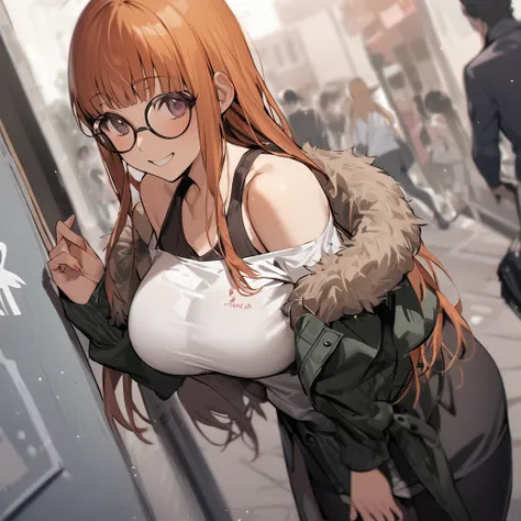 one girl, sakura futaba, wear a long sleeve shirt、looking at you happily on the street, masterpiece, up to date ,big breasts