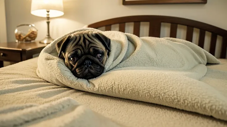 Nap time: Pug wrapped in a fluffy blanket、A scene of a happy nap。With a soft snore、The sight of him curled up with a relieved expression is adorable.。